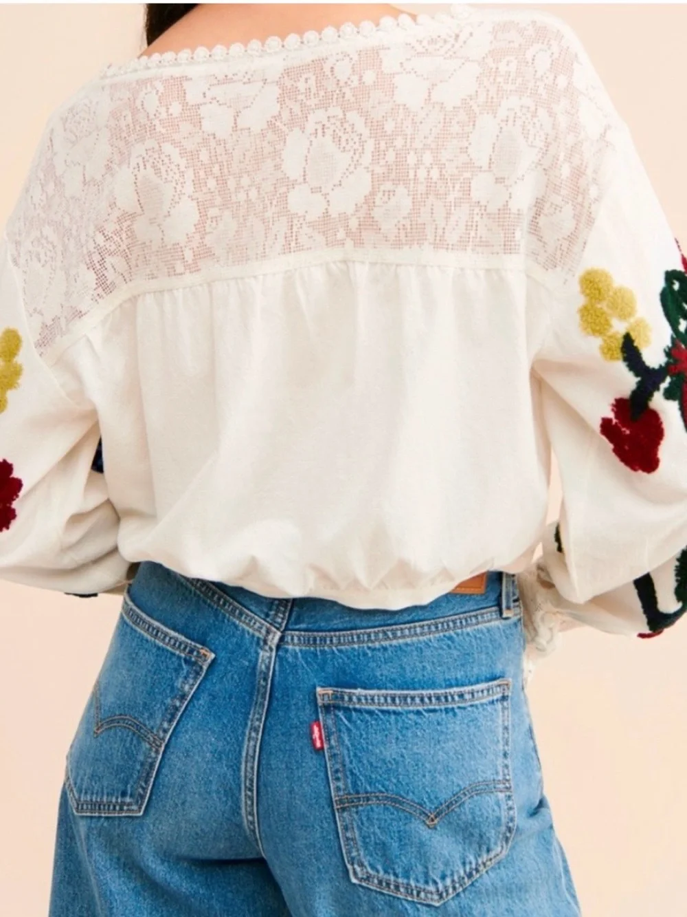 Free People Meadows XS Embroidered Flowy Peasant Cropped Boho Festival Top